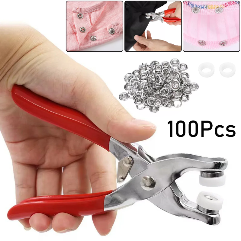 100pcs Prong Pliers Ring Press Studs Snap Popper Fasteners Sewing DIY Tool Kit