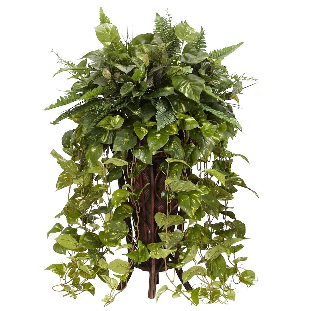 Nearly Natural 6674 Vining Silk Plant with Mixed Greens and Decorative Stand