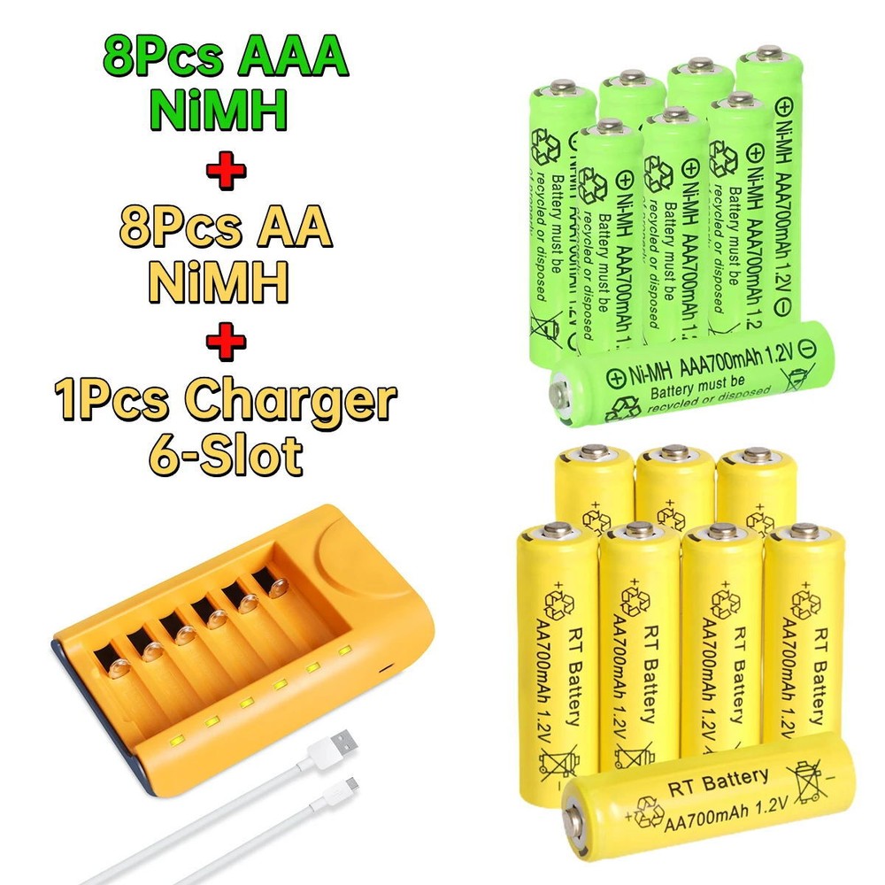 8Pcs AA & 8Pcs AAA 1.2V Ni-MH Rechargeable Batteries + USB Smart Charger 6 Slot