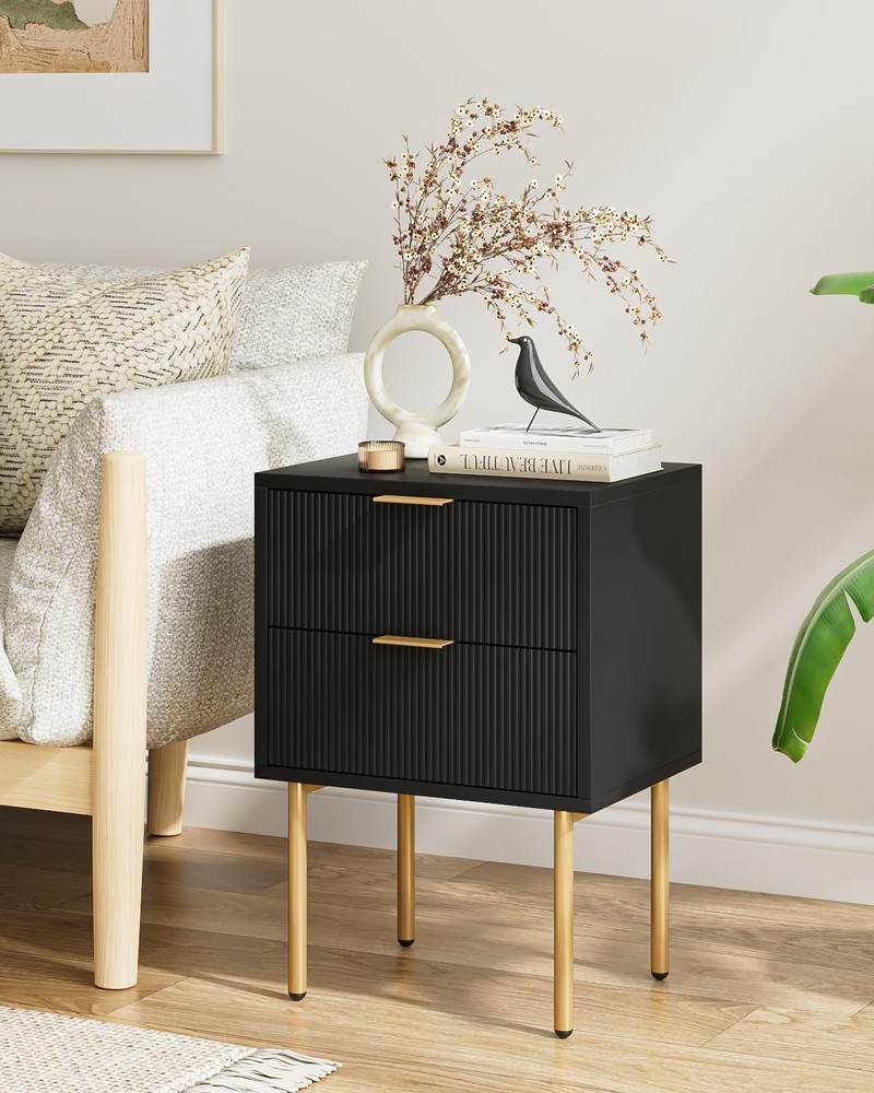 Modern Gold & Black Stripe Nightstand with Drawers