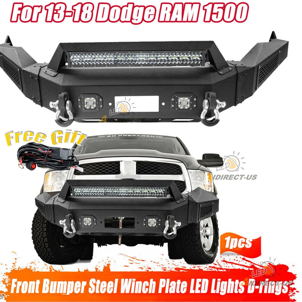 Black Steel Winch Bumper with LED Lights & D-Rings for 13-18 Dodge RAM 1500  