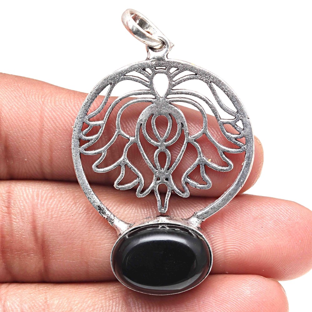 Black Spinal Gemstone Silver Pendant Valentine's Day Jewelry 2.25 Inch Handmade Gift