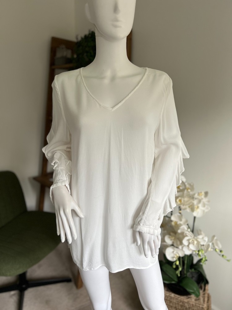 Mint Velvet Top Blouse White Ruffle Blouse UK 14