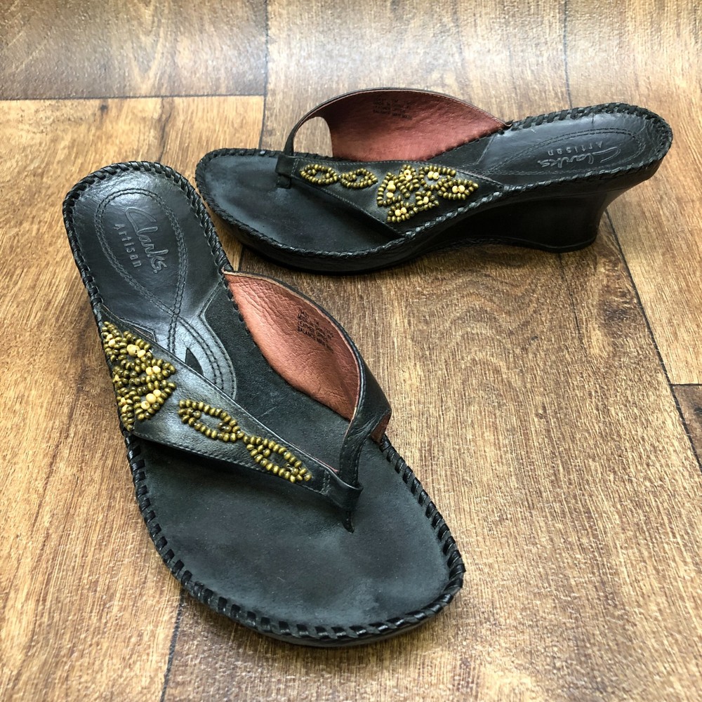 Clarks Artisan Black Leather Wedge Thong Sandals for Women Size 7 M Comfortable 76431