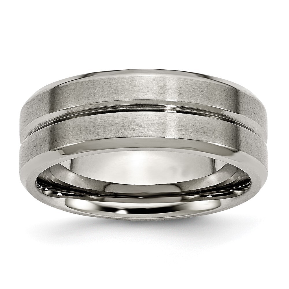 Titanium Brushed and Polished 8mm Grooved Beveled Edge Band Ring Size 10