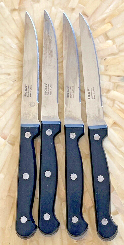 4 Ikea Snitta Steak Knives - Stainless Steel Serrated Blades, Black Handle