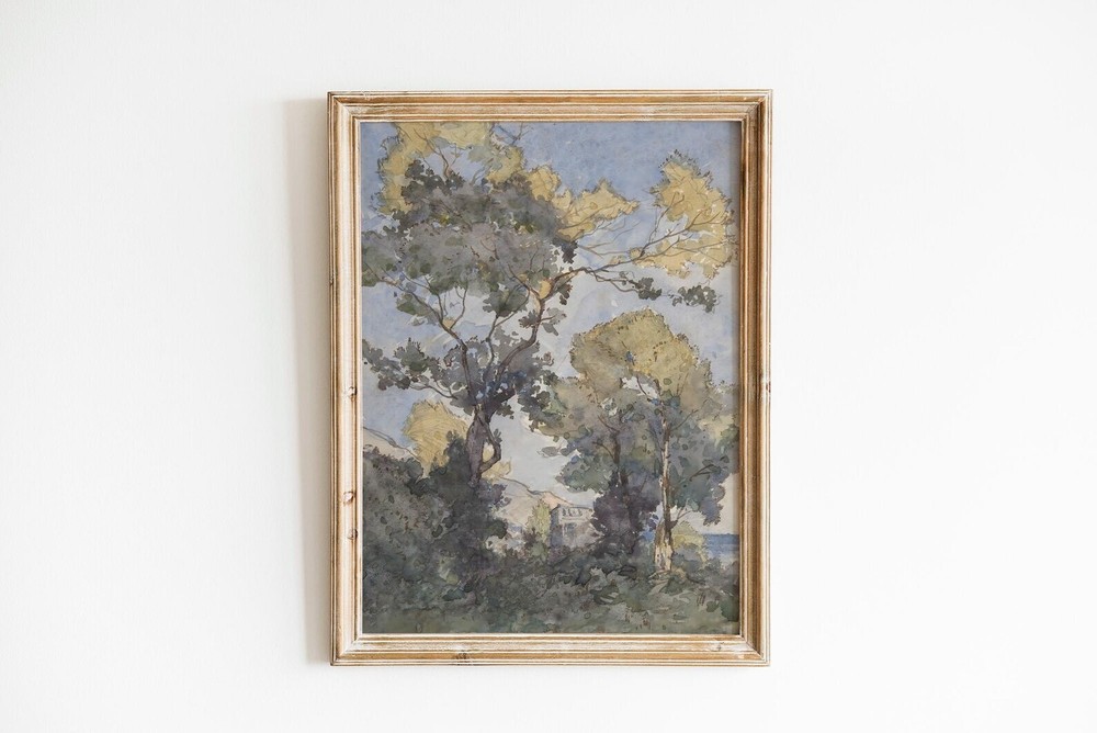 Vintage Watercolor Landscape Painting Cottagecore Decor Large Wall Art Preppy