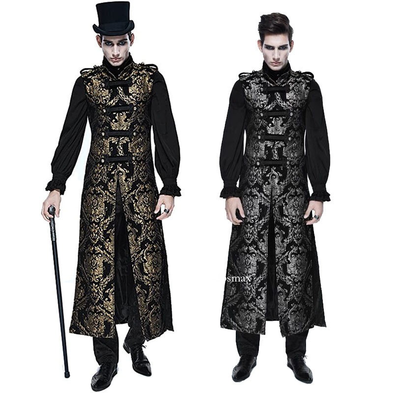 Steampunk Gothic Long Vest for Men Medieval Jacquard Jacket Halloween Costume