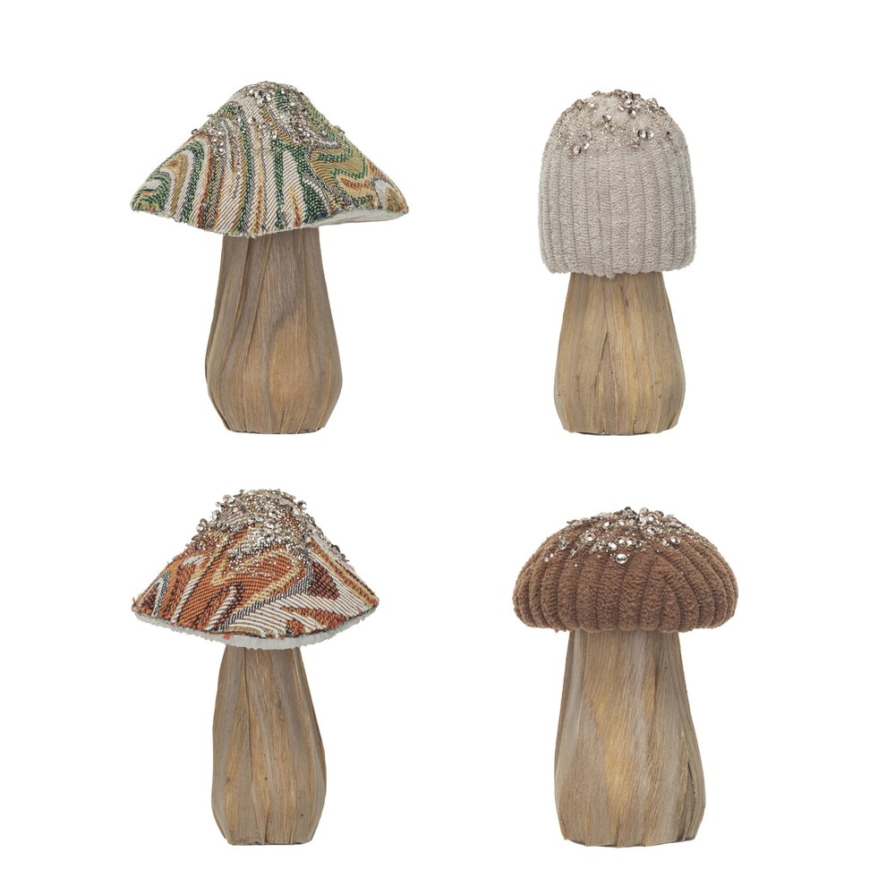 Colorful Fabric-Topped Foam Mushrooms with Wood Base, Sequins & Glitter Decor