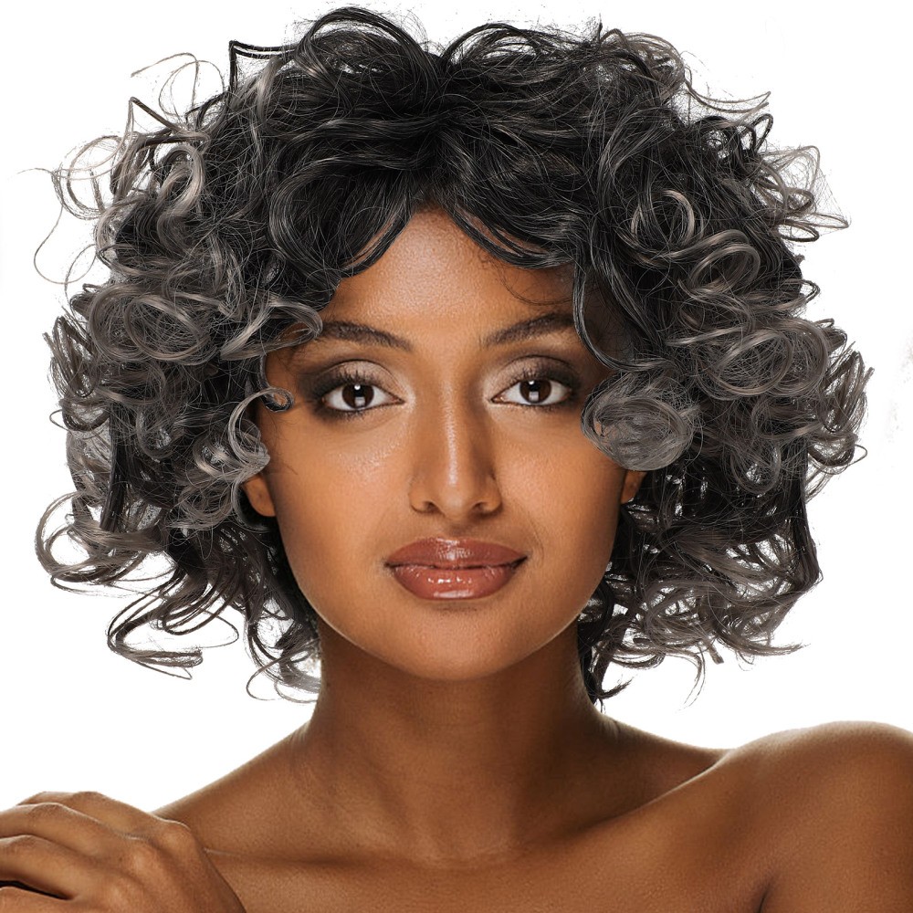 Gray Glueless Short Curly Afro Wig for Men - Black & Grey Topper