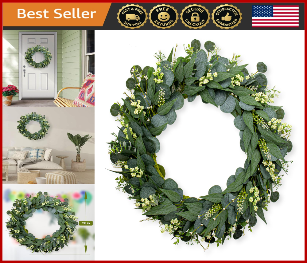 26-Inch Artificial Eucalyptus Wreath for Front Door – Year-Round Greenery Home Decor