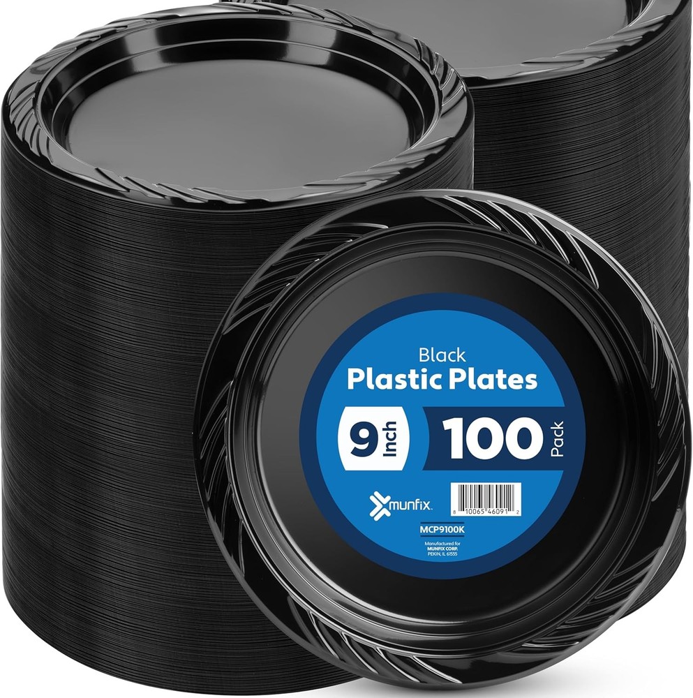 100 Pack Black Plastic Dinner Plates 9 Inch Disposable Plates Bulk Pack Party