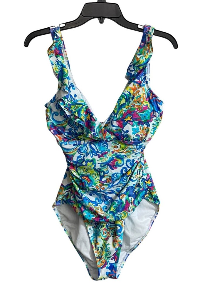 Lauren Ralph Lauren One Piece SwimSuit sz 10 Paisley Colorful Surplice Ruffle