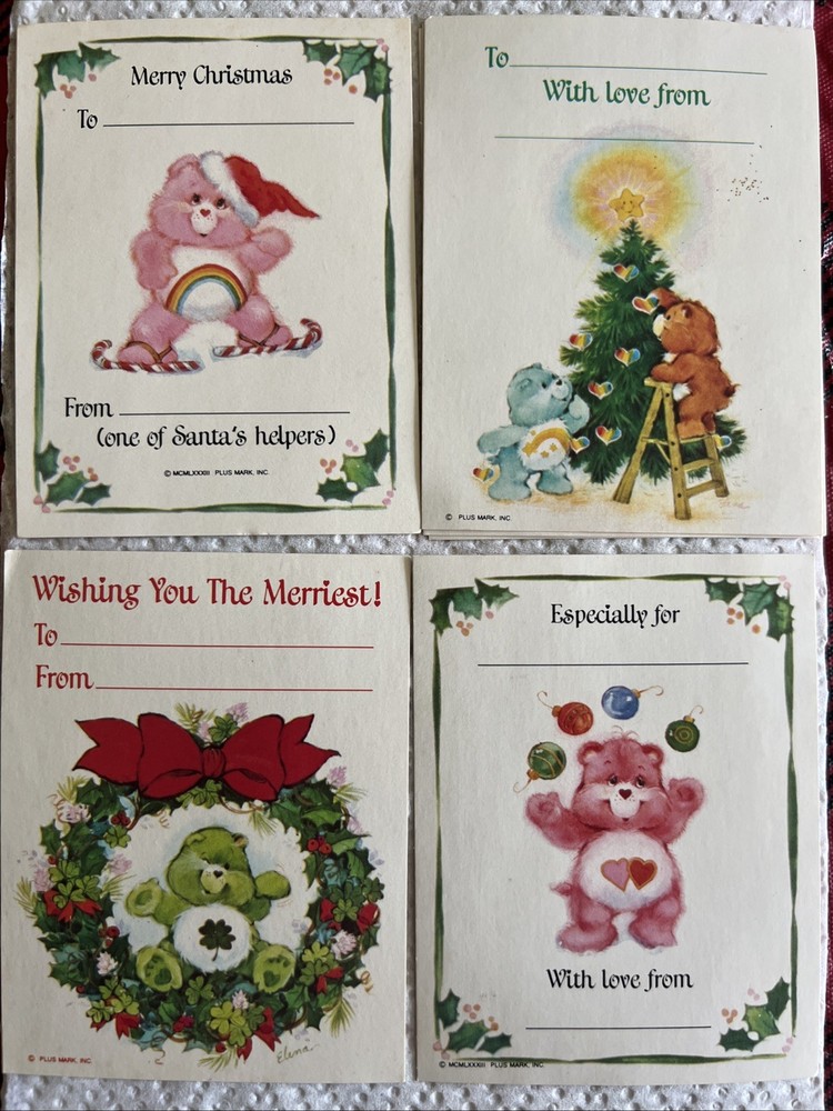 Vintage Care Bears Christmas Gift Tags with Tenderheart Love Wish Lucky Friendship Bear