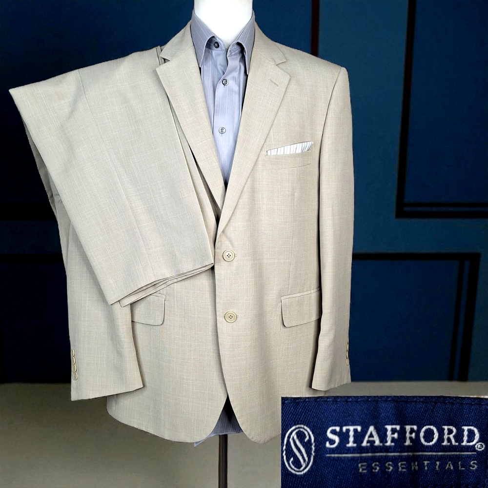 Stafford 2 Piece Suit Mens 42R 38X30 Beige Single Vented