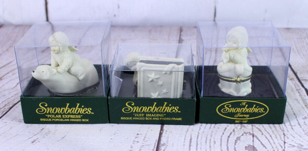 3 Dept 56 Snowbabies Trinket Boxes - Polar Express, Rock a Bye Baby, Just Imagine