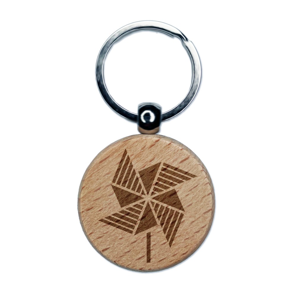 Striped Pinwheel Engraved Wood Round Keychain Tag Charm