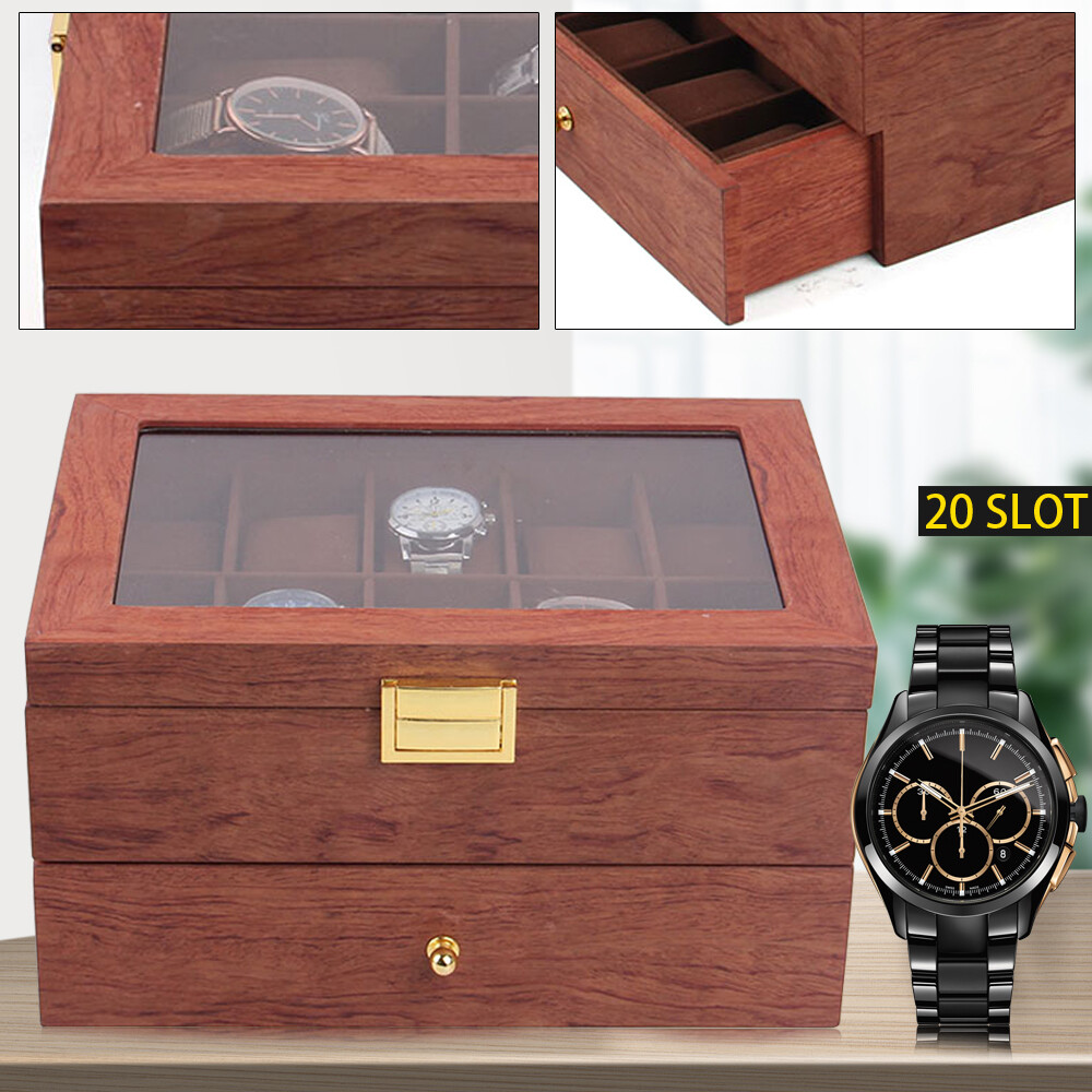 20-Slot Wooden Jewelry & Watch Display Organizer with Drawer Storage