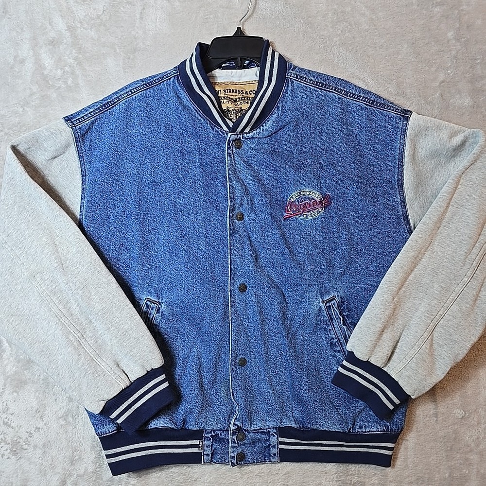 Vtg Levi Strauss Jean Jacket - Original Denim Varsity Snap Up Jacket XL - 1990’s