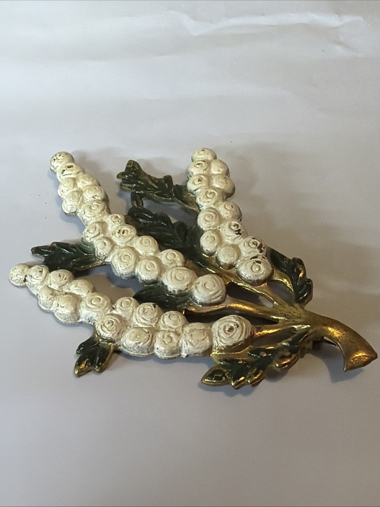 Flower Brooch Vintage Lily of the Valley Stamped Metal Painted Pin Green White