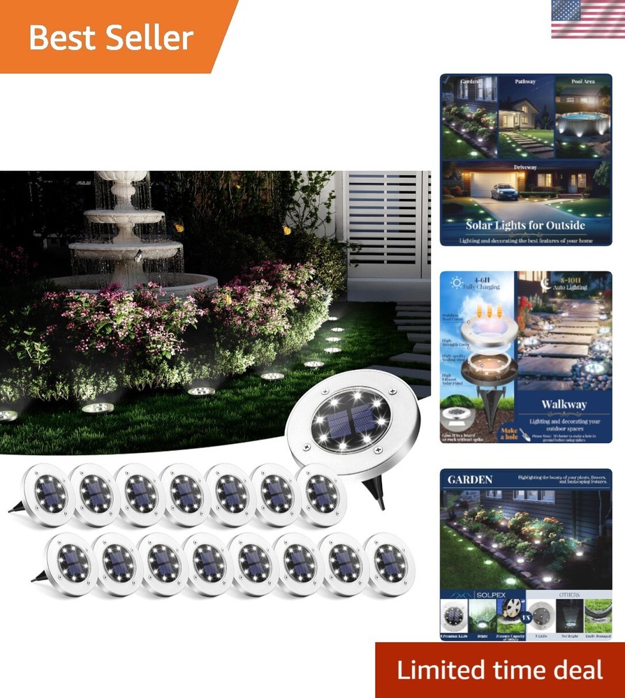 16-Pack Solar Ground Lights with 8 LEDs, Waterproof Outdoor Solar Path Lighting