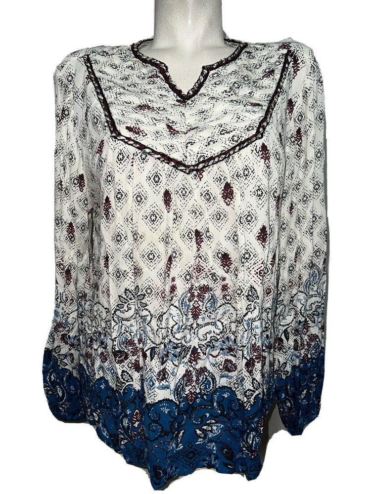 STYLE & CO Womens M Burgundy Blue Ivory Pleated Bib Long Sleeve Blouse