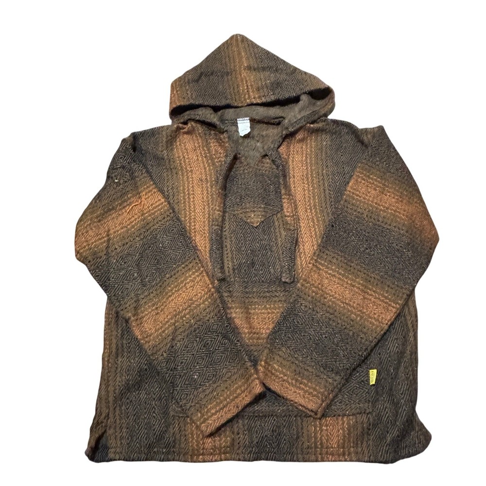 Molina Hoodie Mens Medium Orange Black Baja Mexican Boho Hippie Pullover