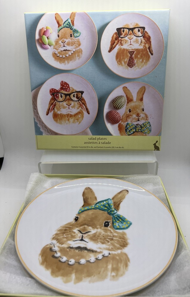 Pier 1 Porcelain Easter Bunny Salad Dessert Plates Set of 4 with Box