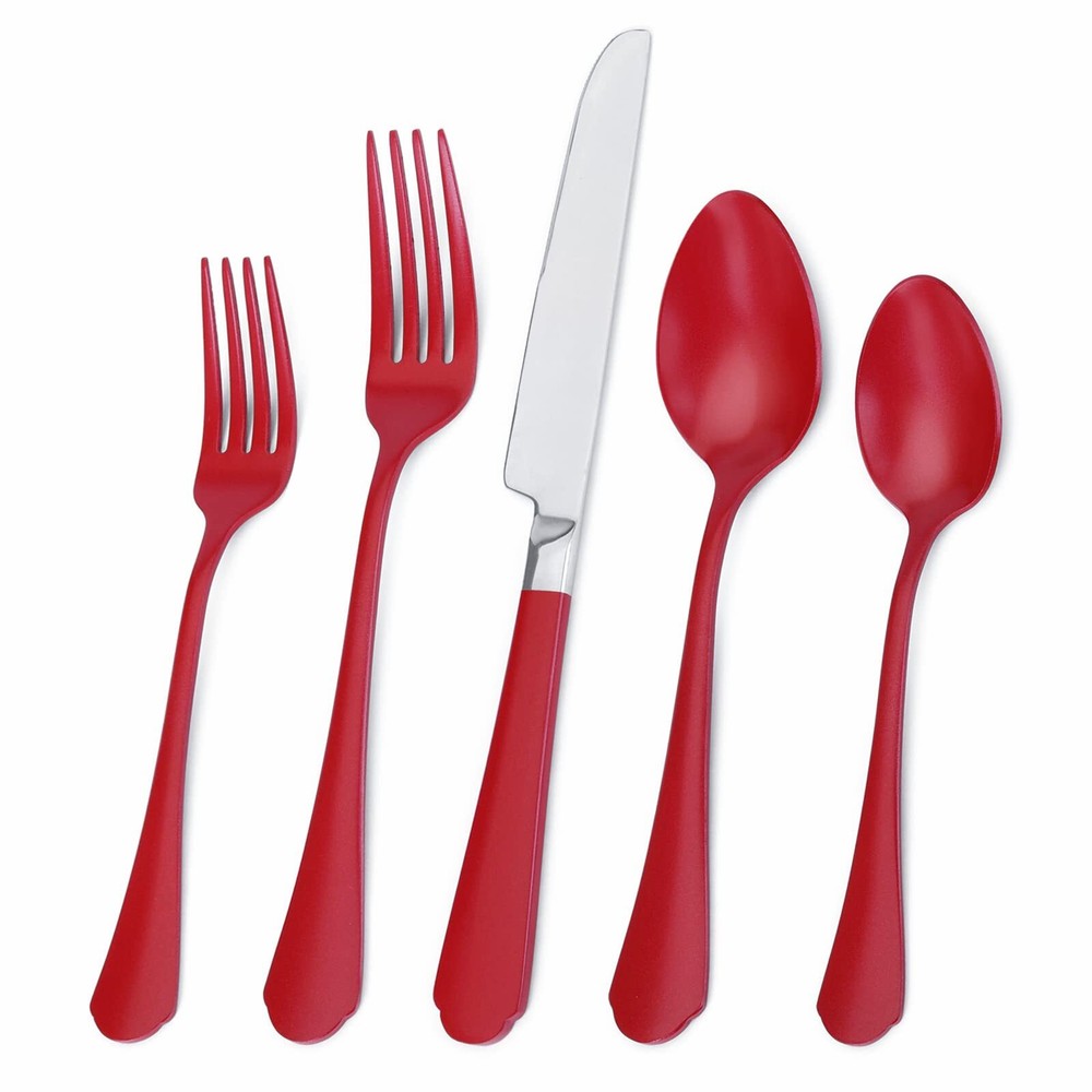Red 20-Piece Stainless Steel Flatware Set for Modern Kitchens