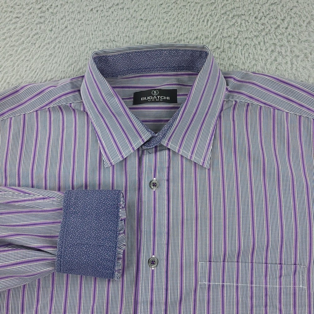 Bugatchi Uomo Dress Shirt Mens XL Purple Stripe 100% Cotton Long Sleeve Pocket