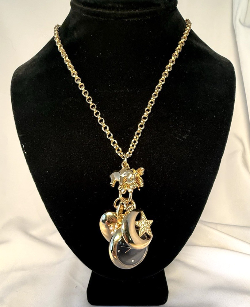 Vtg, Joan Rivers Necklace, Heart, Clock, Charms, Moon & Star, Gold Tone, Rare