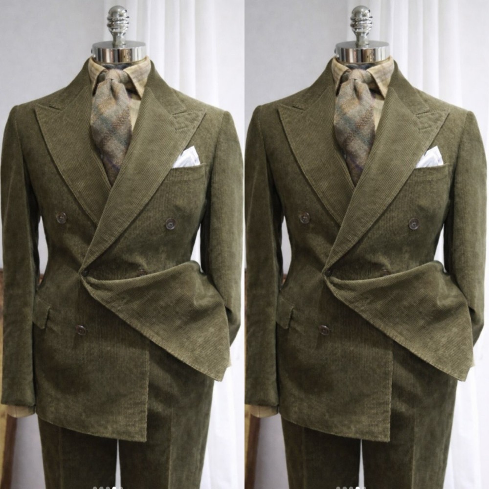 Men's Corduroy  Suit Olive Green 2Pcs Outdoor Peak Lapel Casual Jacket Pants