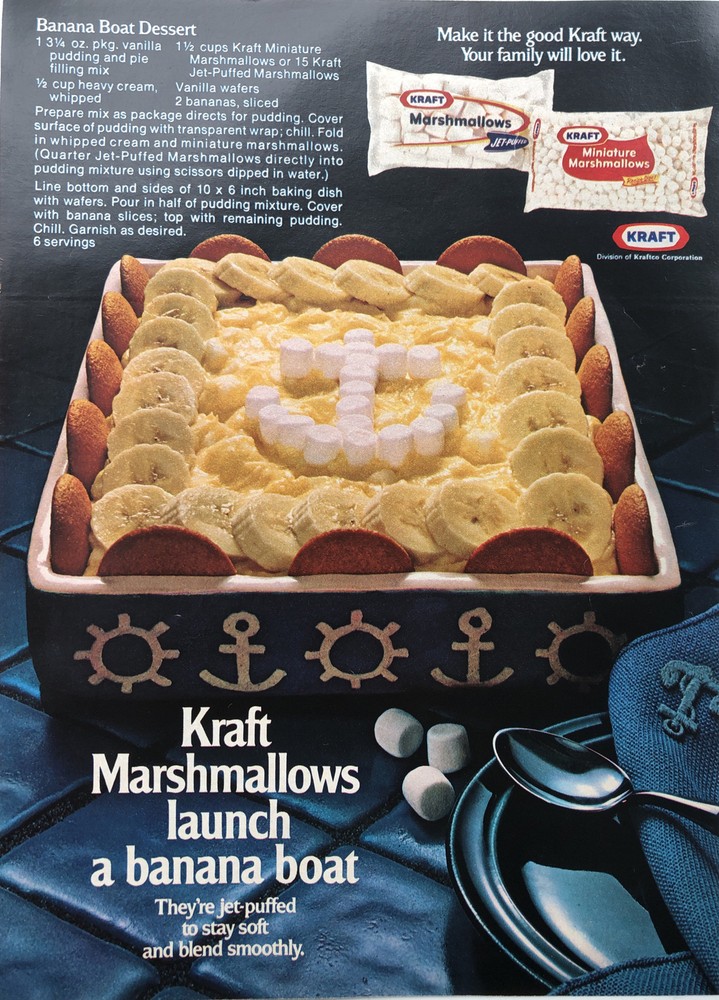 1974 Kraft Jet-Puffed Marshmallows Banana Boat Dessert Recipe Vintage 1970s Print Ad