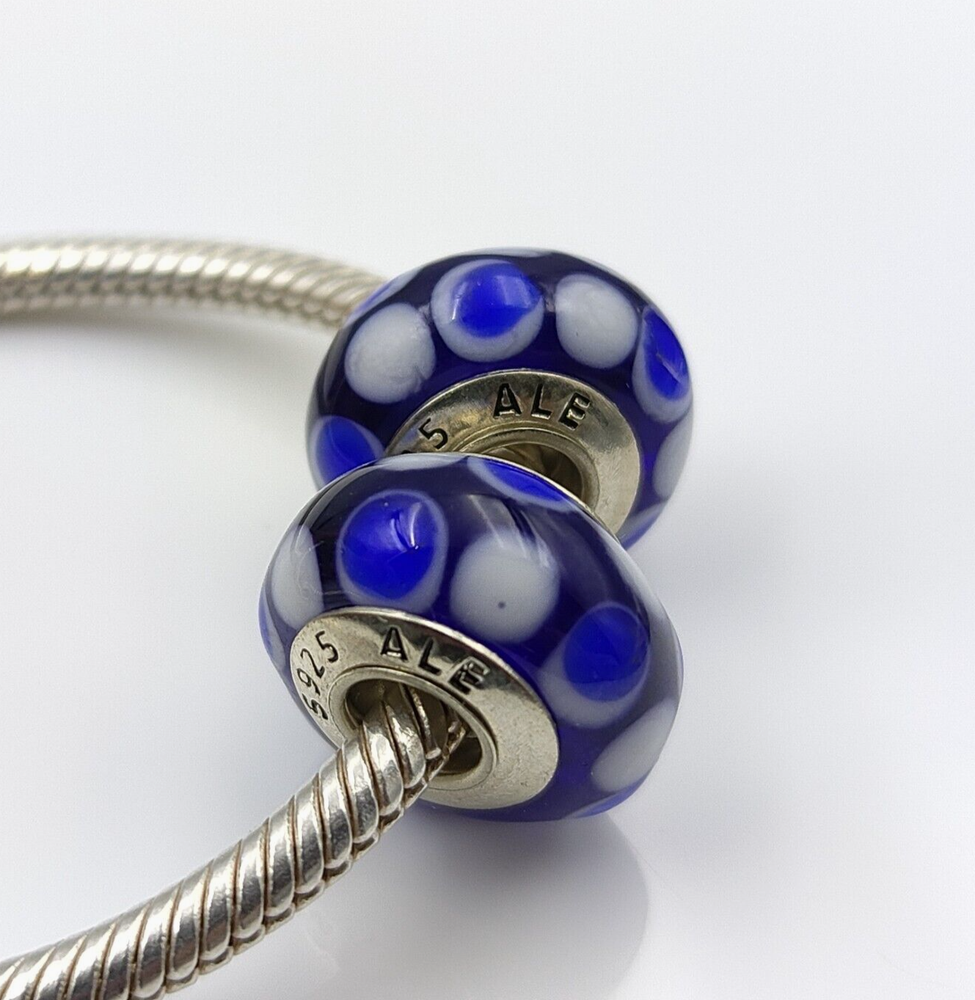 2pcs Genuine Dots Murano Glass Bead Charm in 925 Sterling Silver