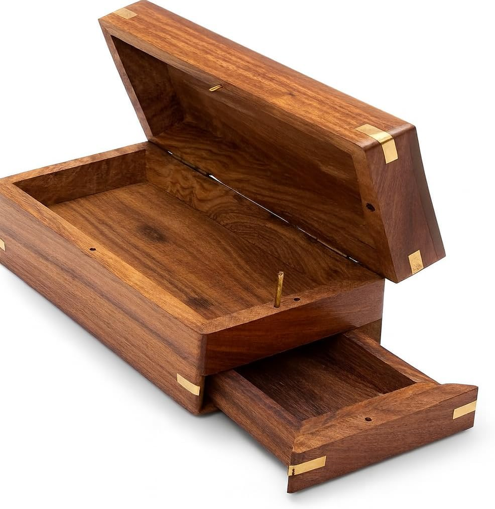 Secret Enigma Brainteaser Puzzle Box Case Holder with Hidden Compartment Wooden