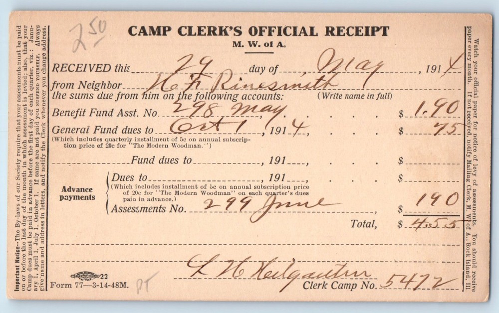 Camp Clerk’s Official Receipt M.W. of A. Handwritten Dues Document Postal Card
