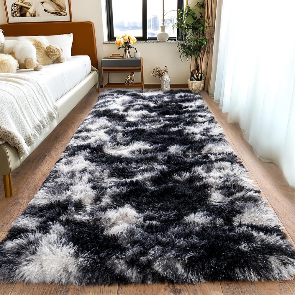 Fluffy Black and White Runner Rug 2x6 Feet for Bedroom