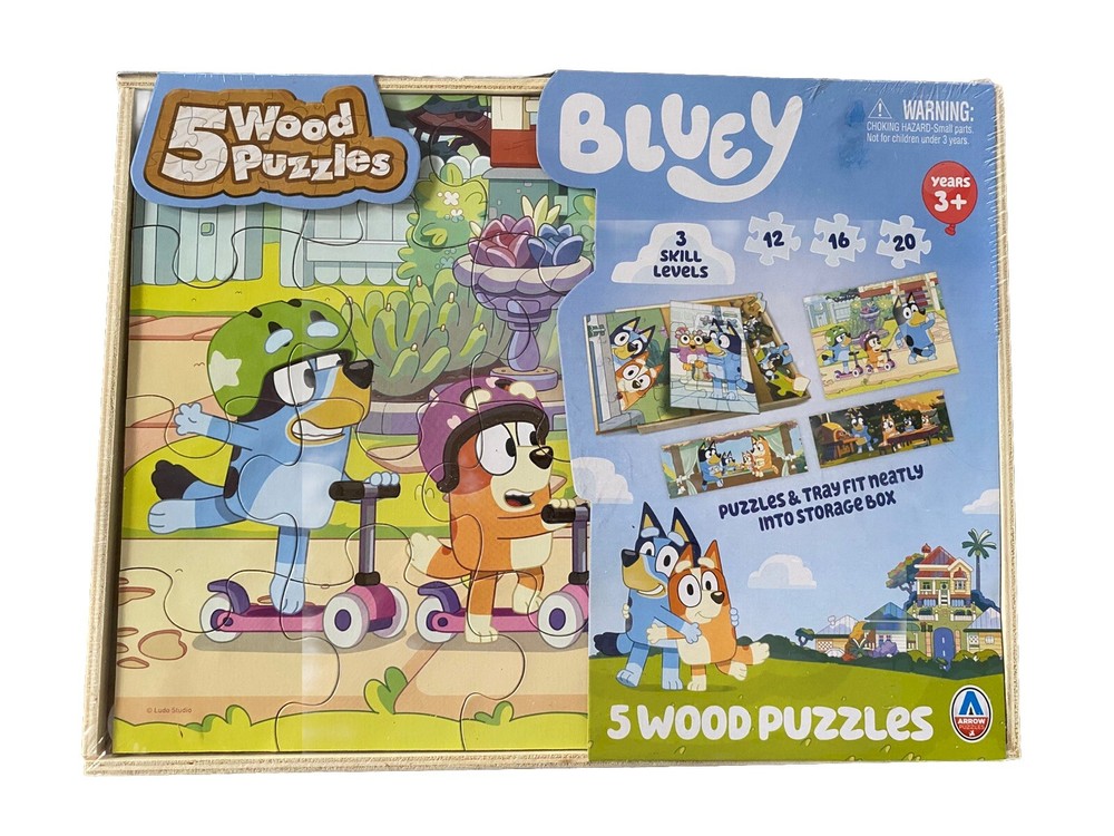 BLUEY 5 Wood Jigsaw Puzzles 3 Skill Levels  Ages 3+  Wooden Box Set New & Sealed