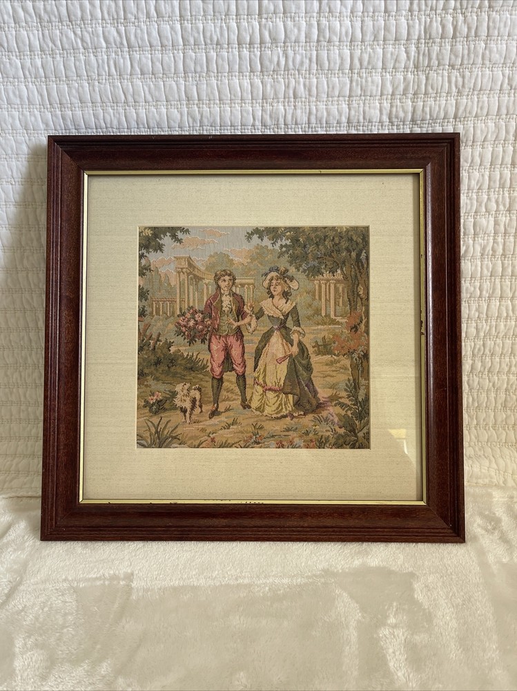 Vintage Tapestry Couple Courting Framed Needlepoint 15x15 Victorian Floral Dog