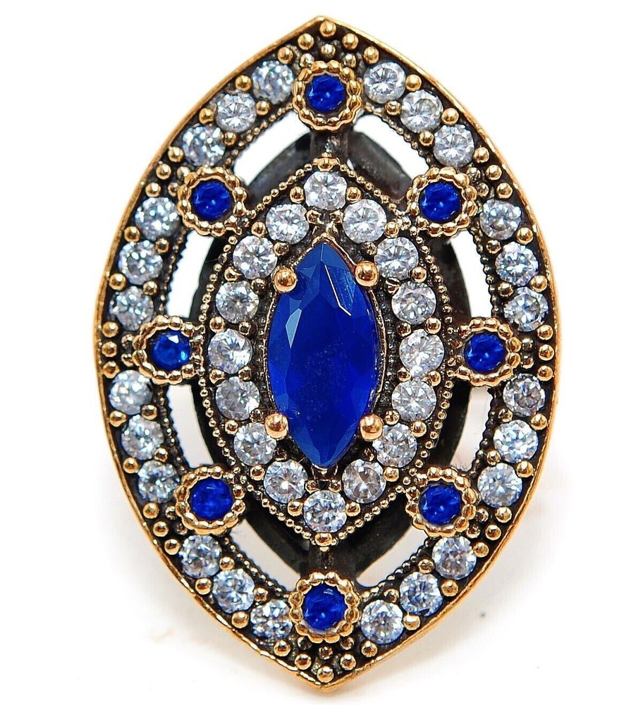 4CT Treated Sapphire Ottoman Empire Style Sterling Silver Ring Size 9 H2-2