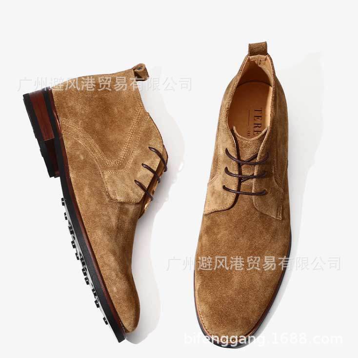 Cowhide British Suede Men's Business Casual Shoes High Top Formal Leather Boots