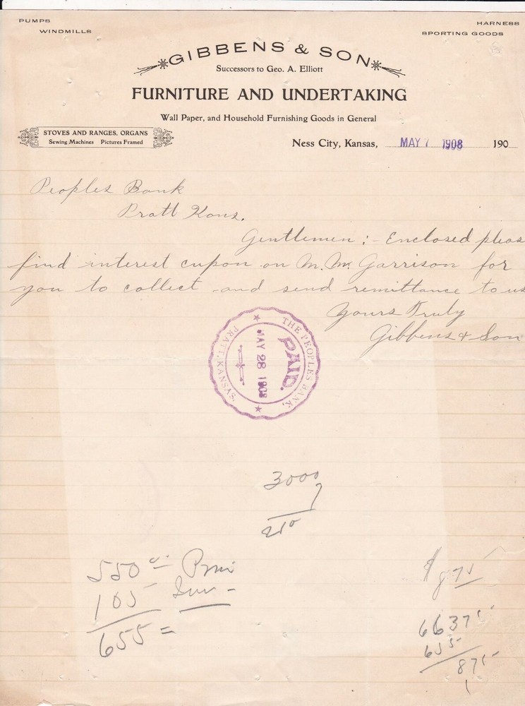 U.S. Gibbens & Son Ness City 1908 Furniture Invoice Letter Tear 44401