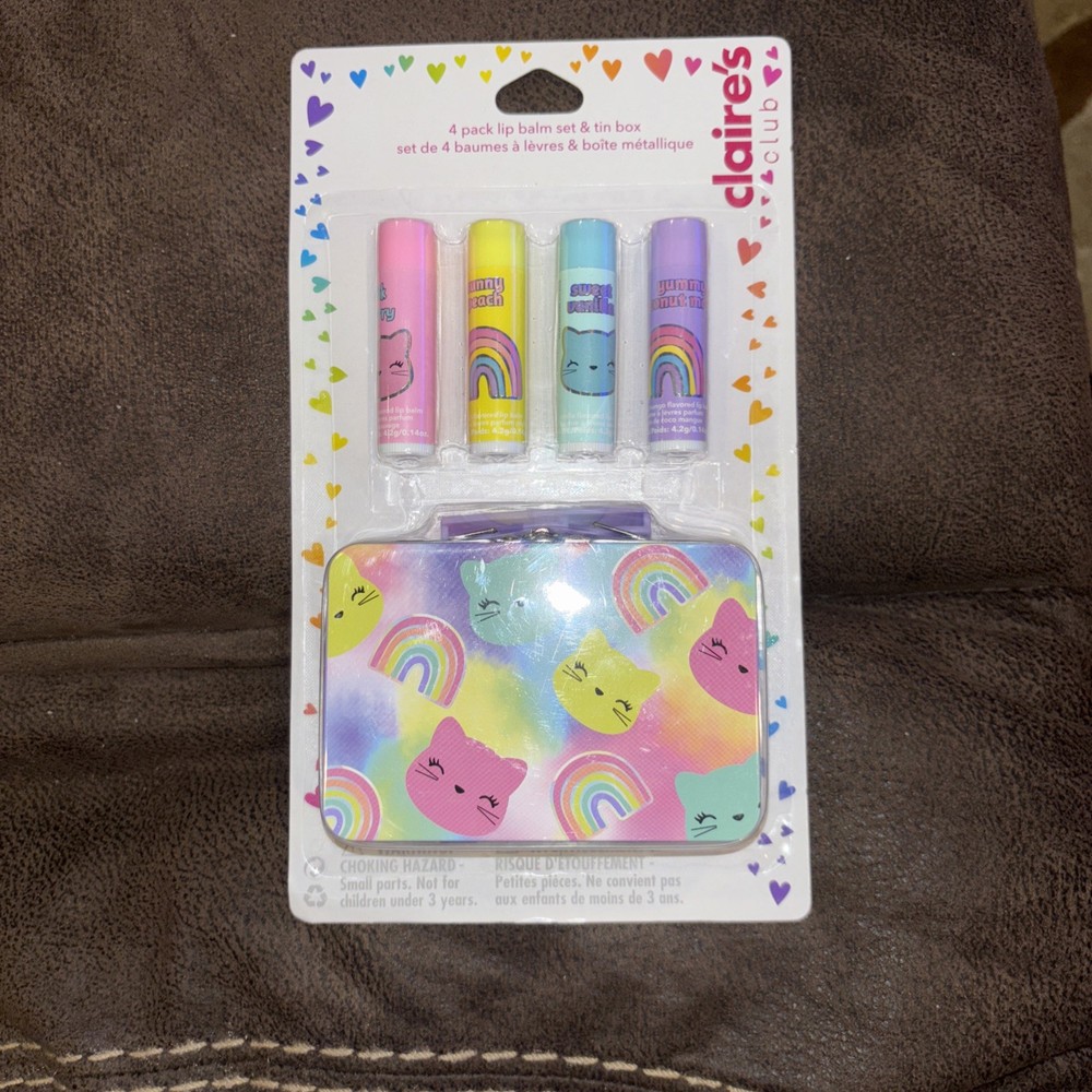 Brand New Claire's  Club 4 Pack Lip Balm Set & Kitten & Rainbow Tin Box