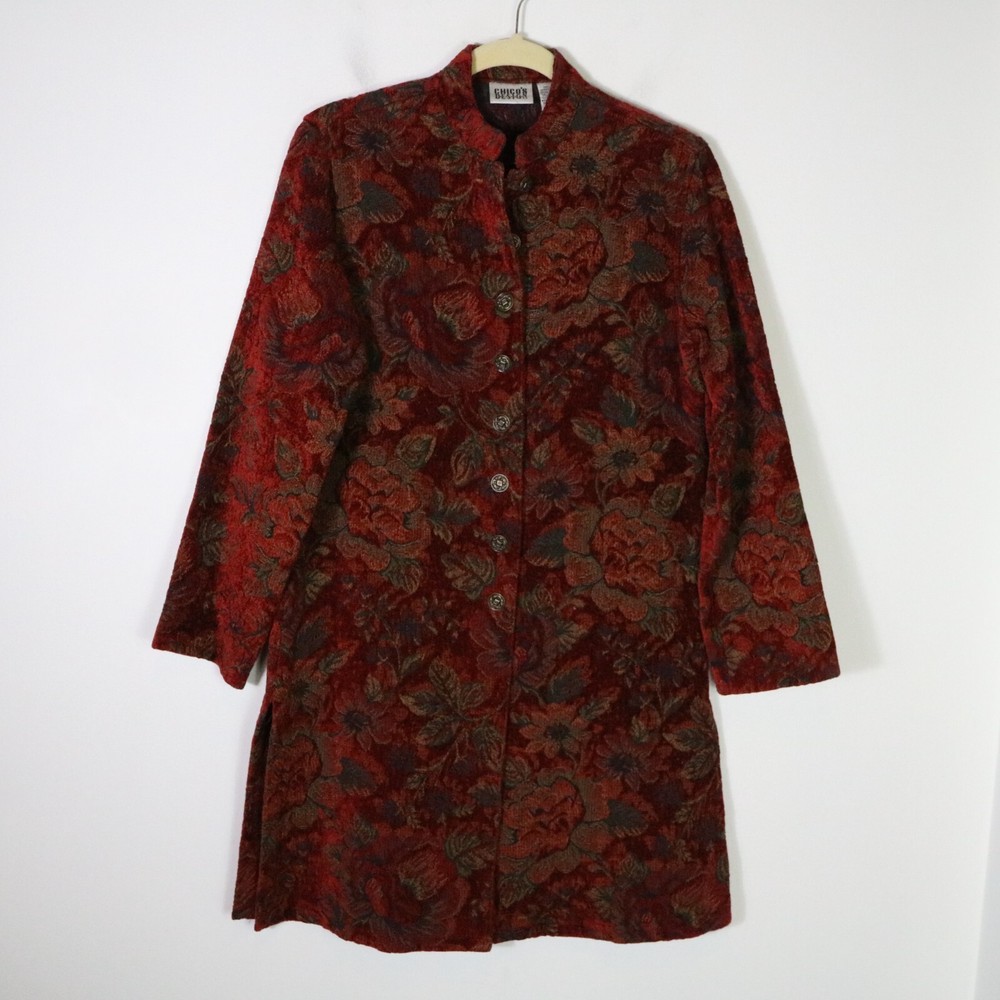 Vintage Chicos Tapestry Carpet Jacket Medium Brick Red Long Boho Witchy Artsy