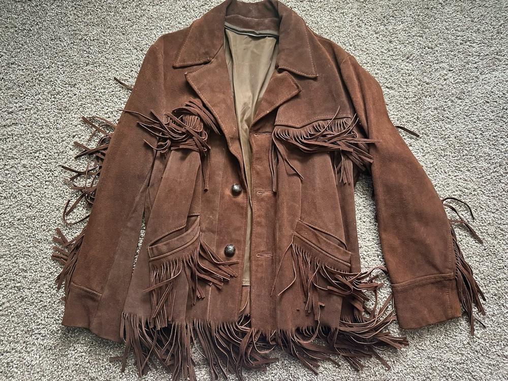 Vintage Western Fringe Real Leather Jacket Cowboy Country Coat 70s Dark Brown