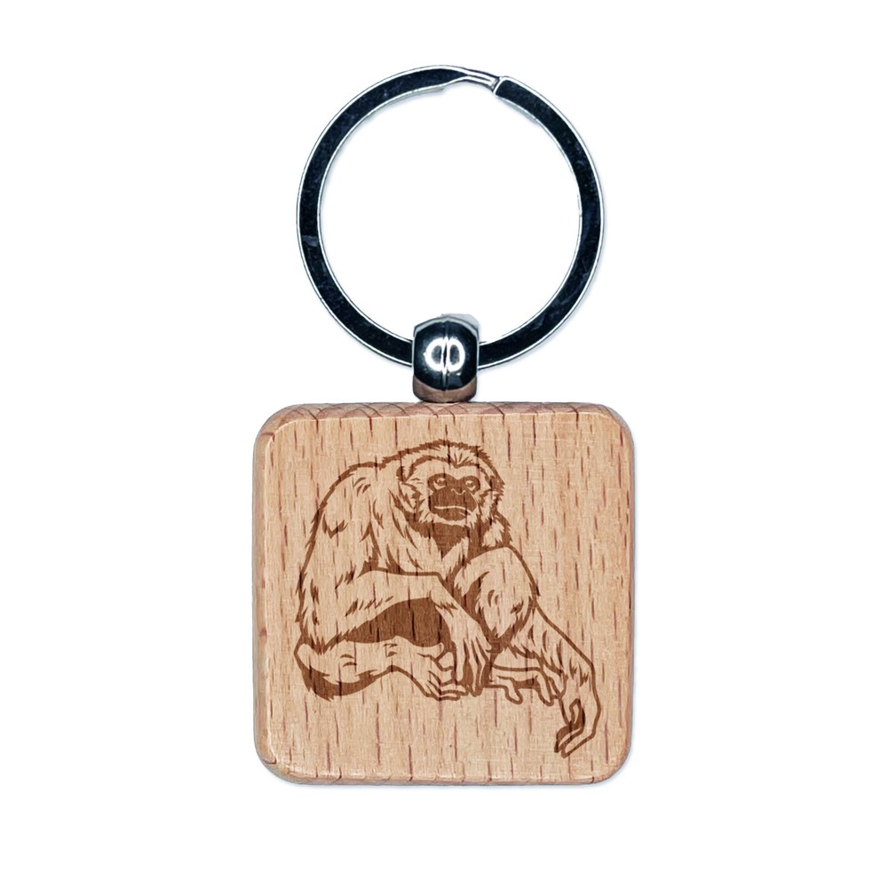 White Handed Gibbon Engraved Wood Square Keychain Tag Charm