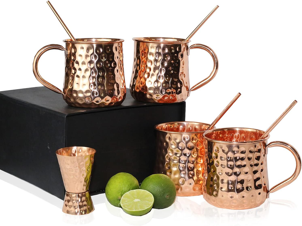 4-Piece Copper Moscow Mule Mug Set with Straws and Shot Glasses – Pure Copper