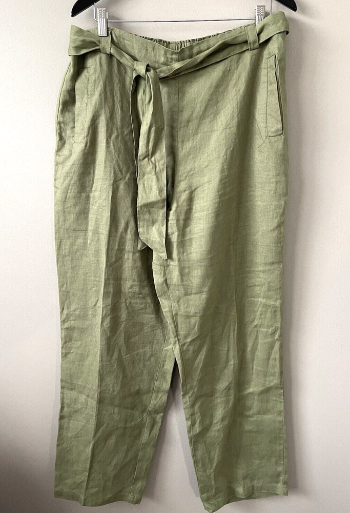 Pantalón PECK & PECK Mujer XL 100% Lino Faja Cinturón Bolsillos Pierna Recta