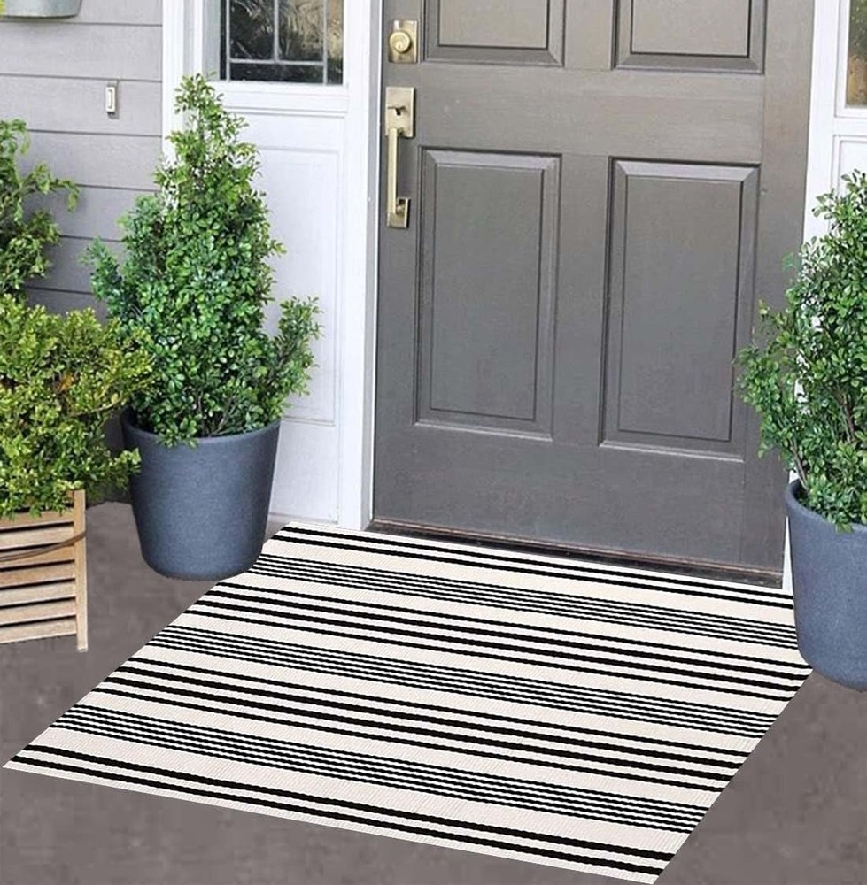 Black and White Striped Doormat 24x35 Front Porch Rug Non-Slip Indoor Outdoor Entryway Mat