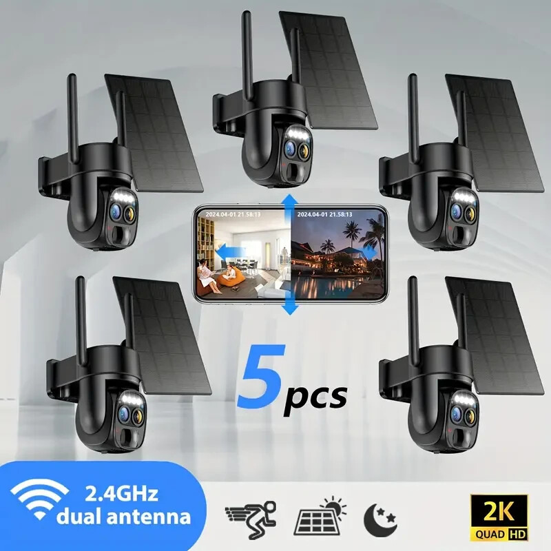 5pcs 10x Zoom 360-degree Lowpower Solar Panel Battery 2K FHD WiFi With Spotlight